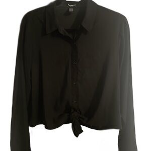 Express Black Long Sleeve Button Down Shirt with Tie Front
